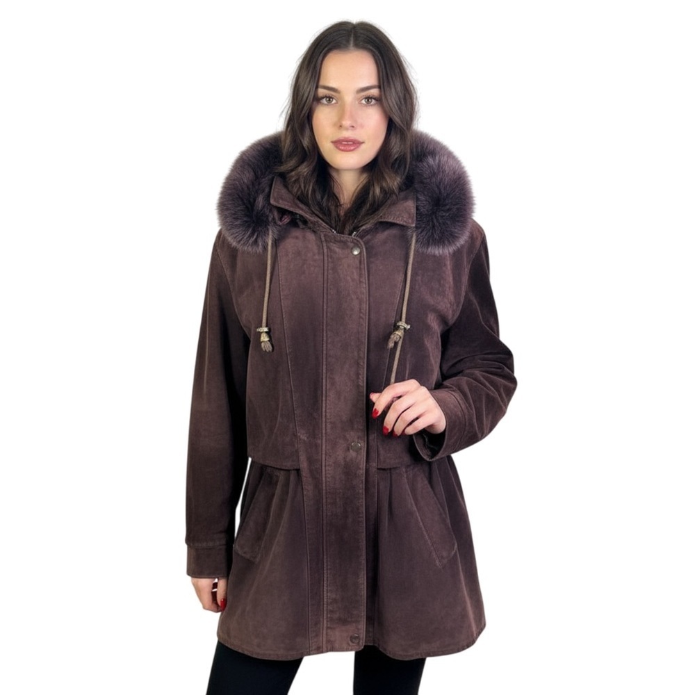 SELECTION PURPLE SUEDE HOODED PARKA JACKET WITH FUR TRIM WOMAN XL/XG